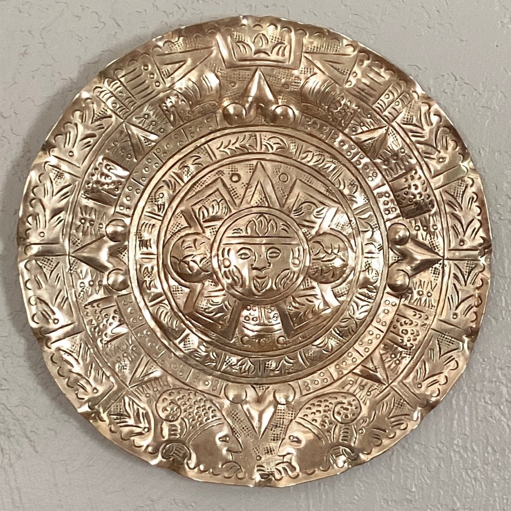 Hammered Brass Mayan Sun God Face And Aztec Calendar Design Hanging Wall Art VTG